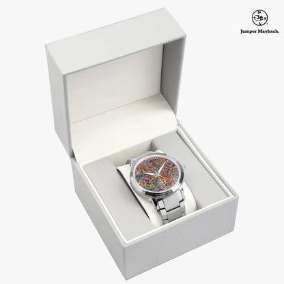JetPrint Fulfillment Infinite Candy Quasar steel strap watch with automatic movement and time indicators, featuring a sleek strap design.