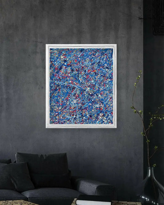 Print on paper titled "It's Raining In Space" by Jumper Maybach, featuring a cosmic rain scene with vibrant colors.