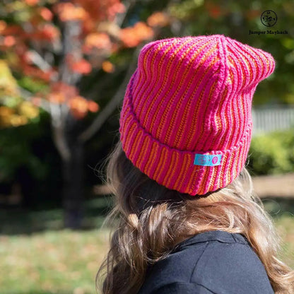 Big LOViE JM x BL Cosmic Color Contrast Hat in fuchsia with tangerine accents, shown from the back.