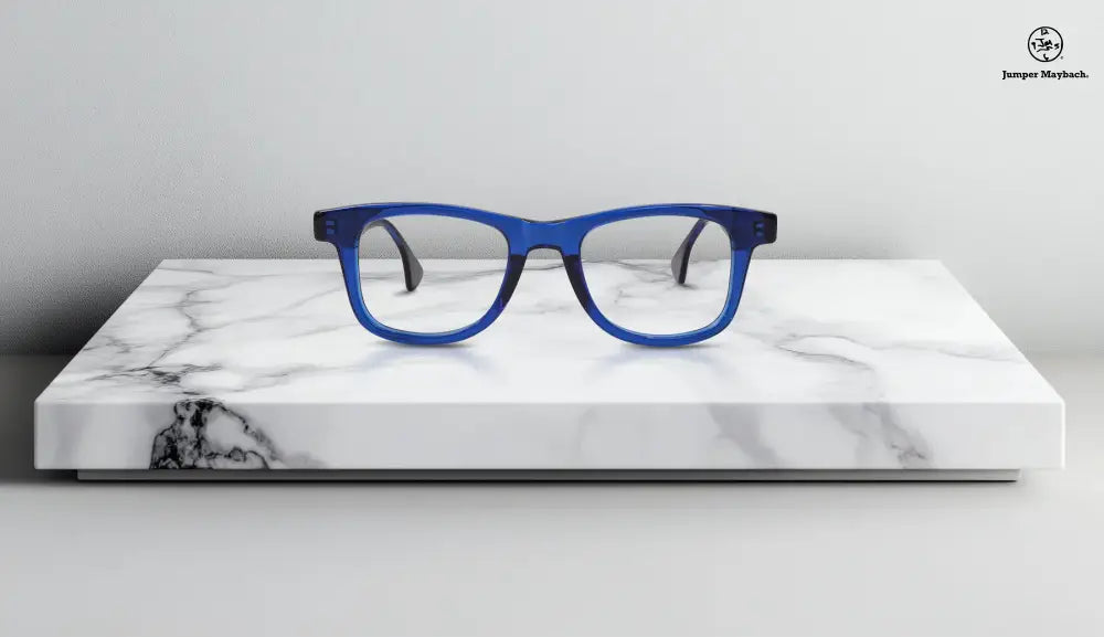 Blue framed Stefano eyewear by OPR, featuring artistic temples in a limited edition design.