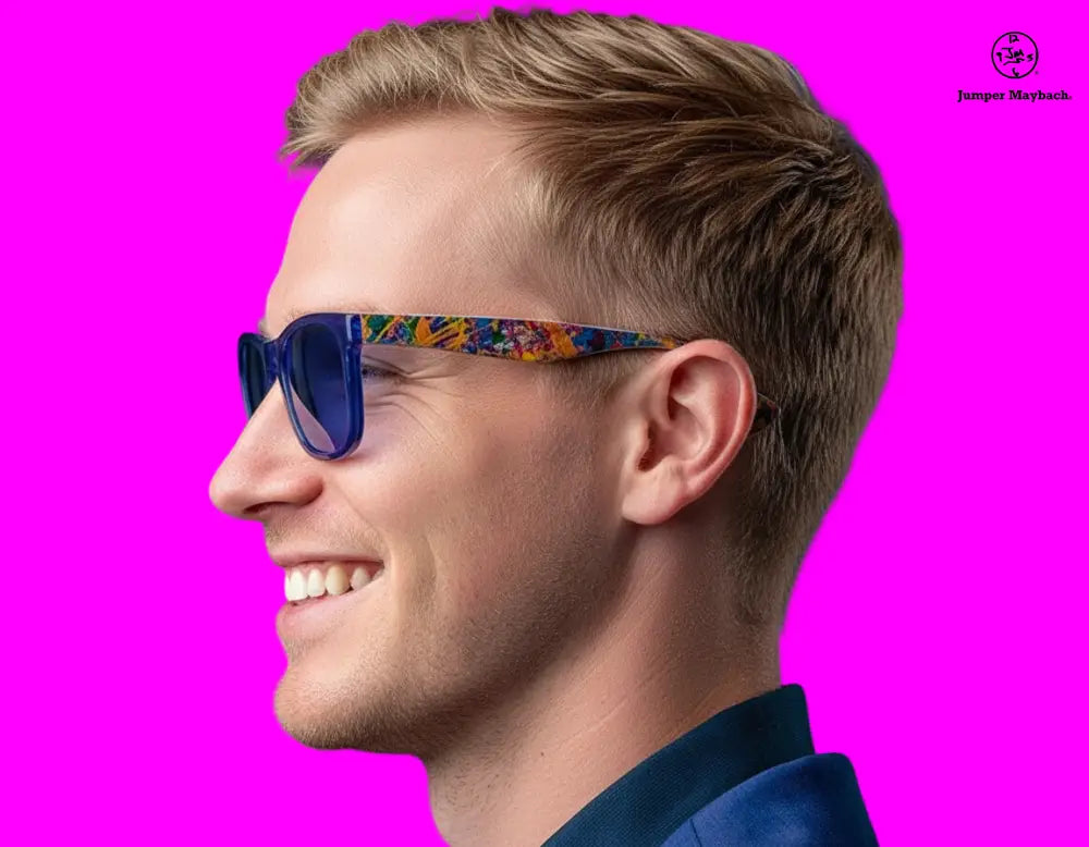 Blue framed eyewear from OPR's Stefano limited-edition collection, featuring sleek design and artistic temple details.