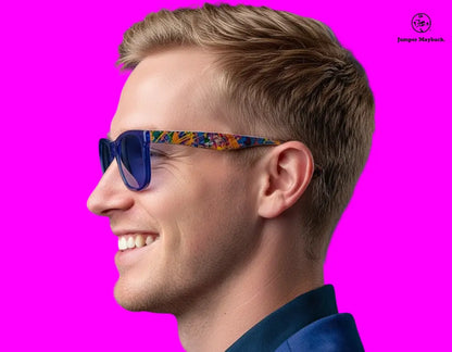 Blue framed eyewear from OPR's Stefano limited-edition collection, featuring sleek design and artistic temple details.
