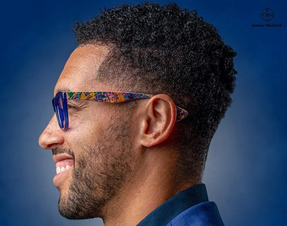 OPR JM x OPR The Stefano blue-front eyewear with artistic temple design, limited edition model showcasing stylish, modern glasses.