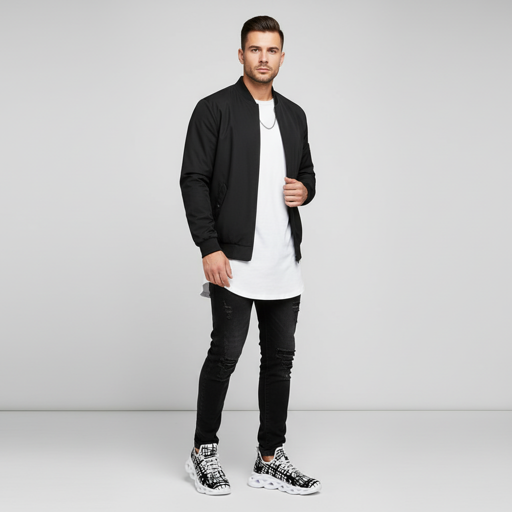 Man wearing a black bomber jacket, white t-shirt, black jeans, and patterned shoes on a gray background
