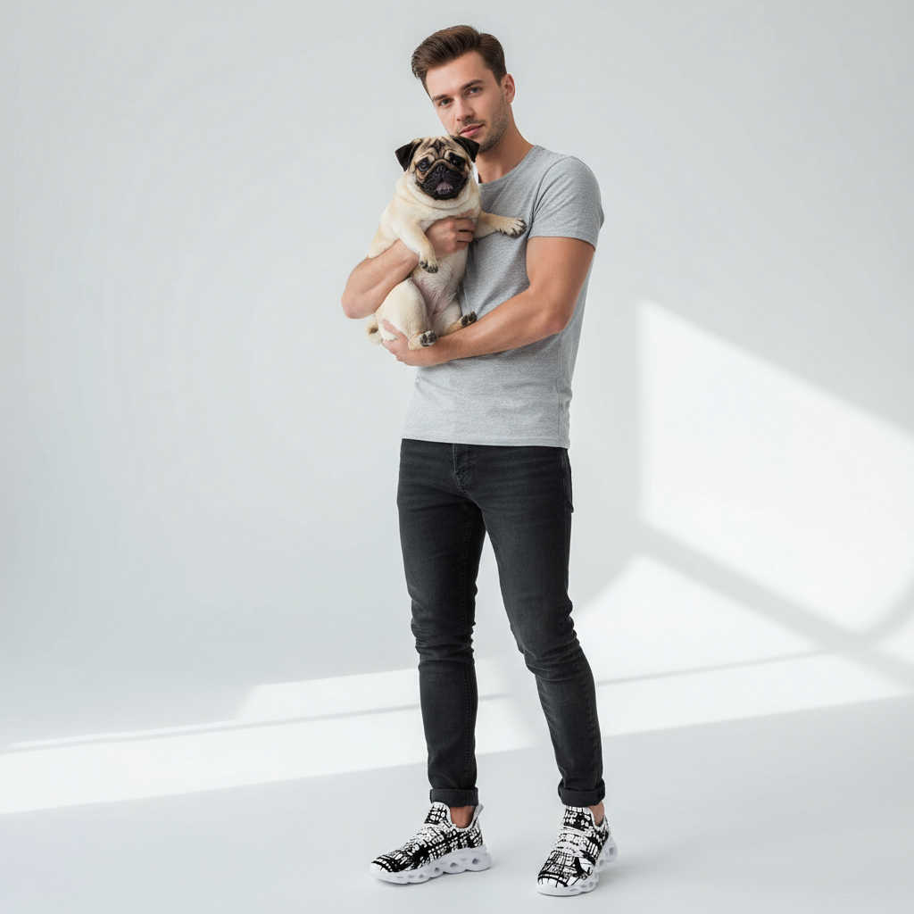 Man holding a pug in a studio setting with a white background