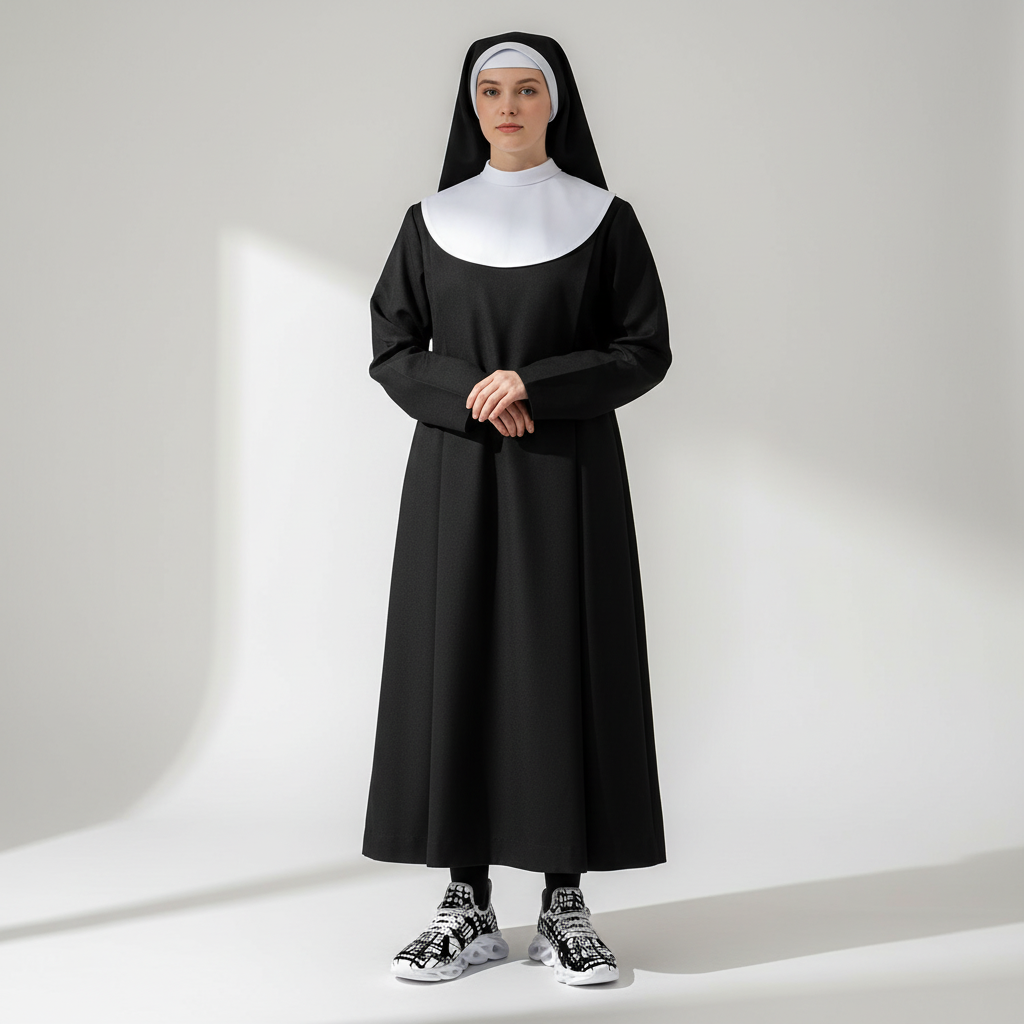 Person wearing a black nun costume with a white collar on a gray background