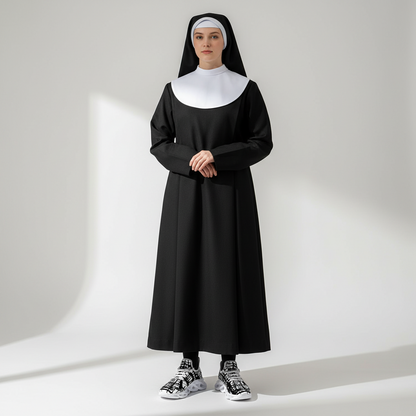 Person wearing a black nun costume with a white collar on a gray background