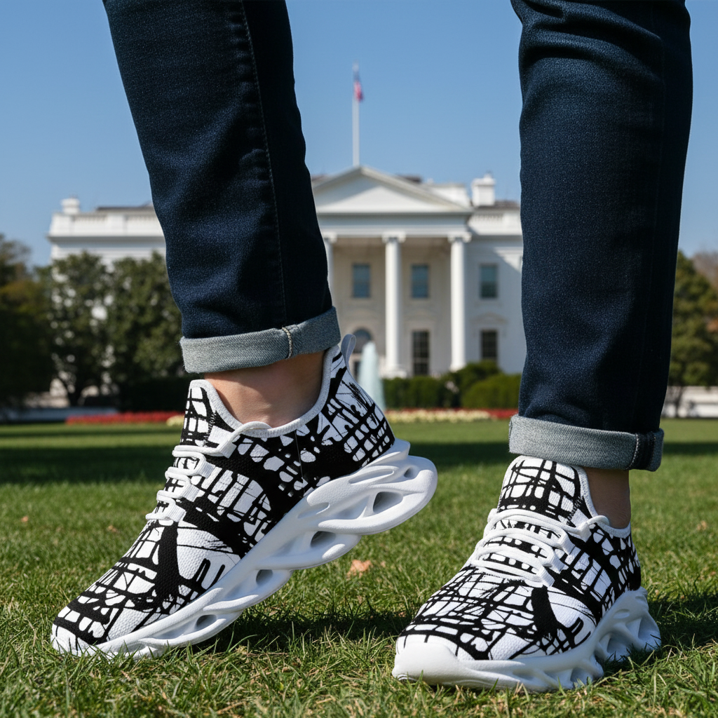 Person wearing black and white sneakers with a building in the background