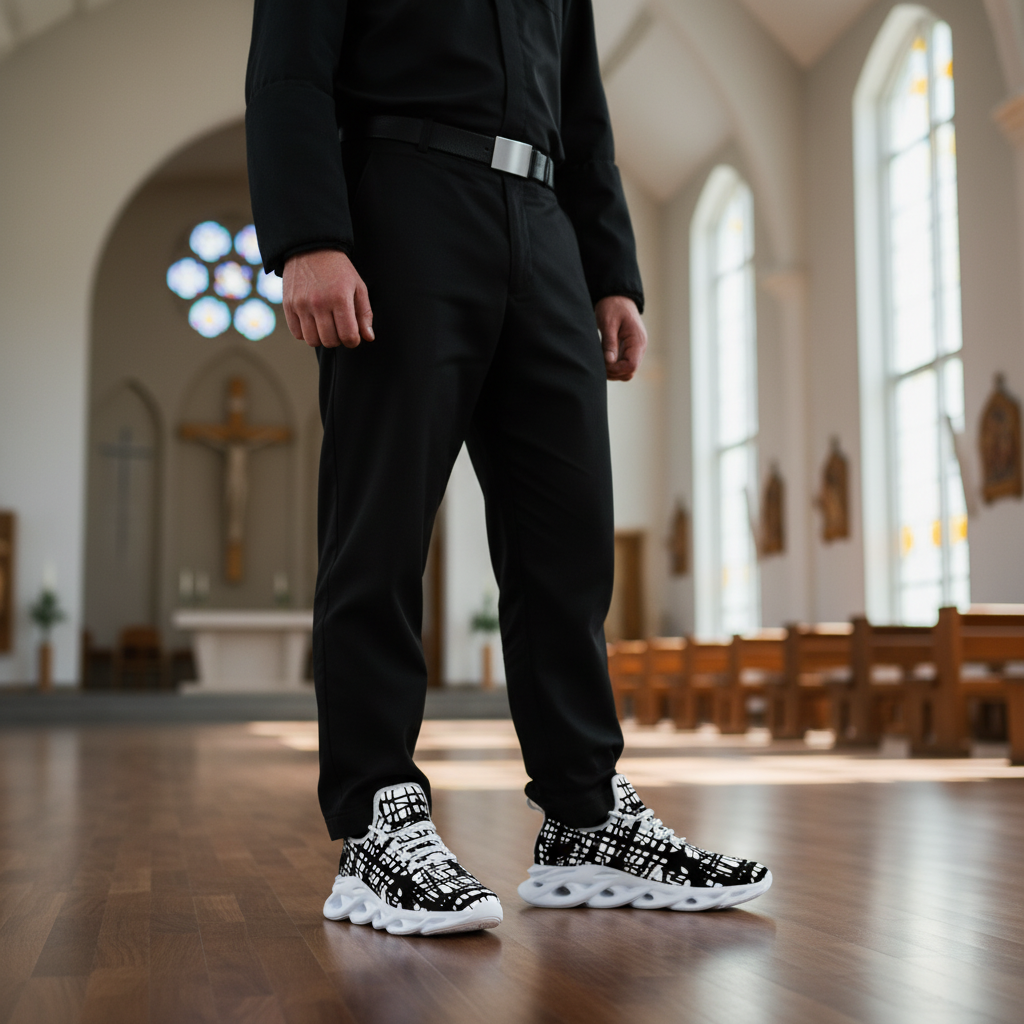 Person wearing black pants and checkered shoes in a church setting