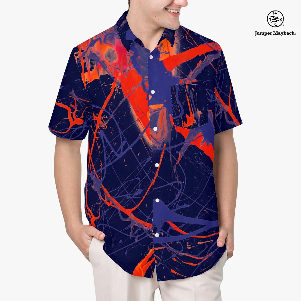 Unisex Galaxy Resort shirt by Jumper Maybach® featuring vibrant galaxy print, casual men's clothing style, brand logo visible.