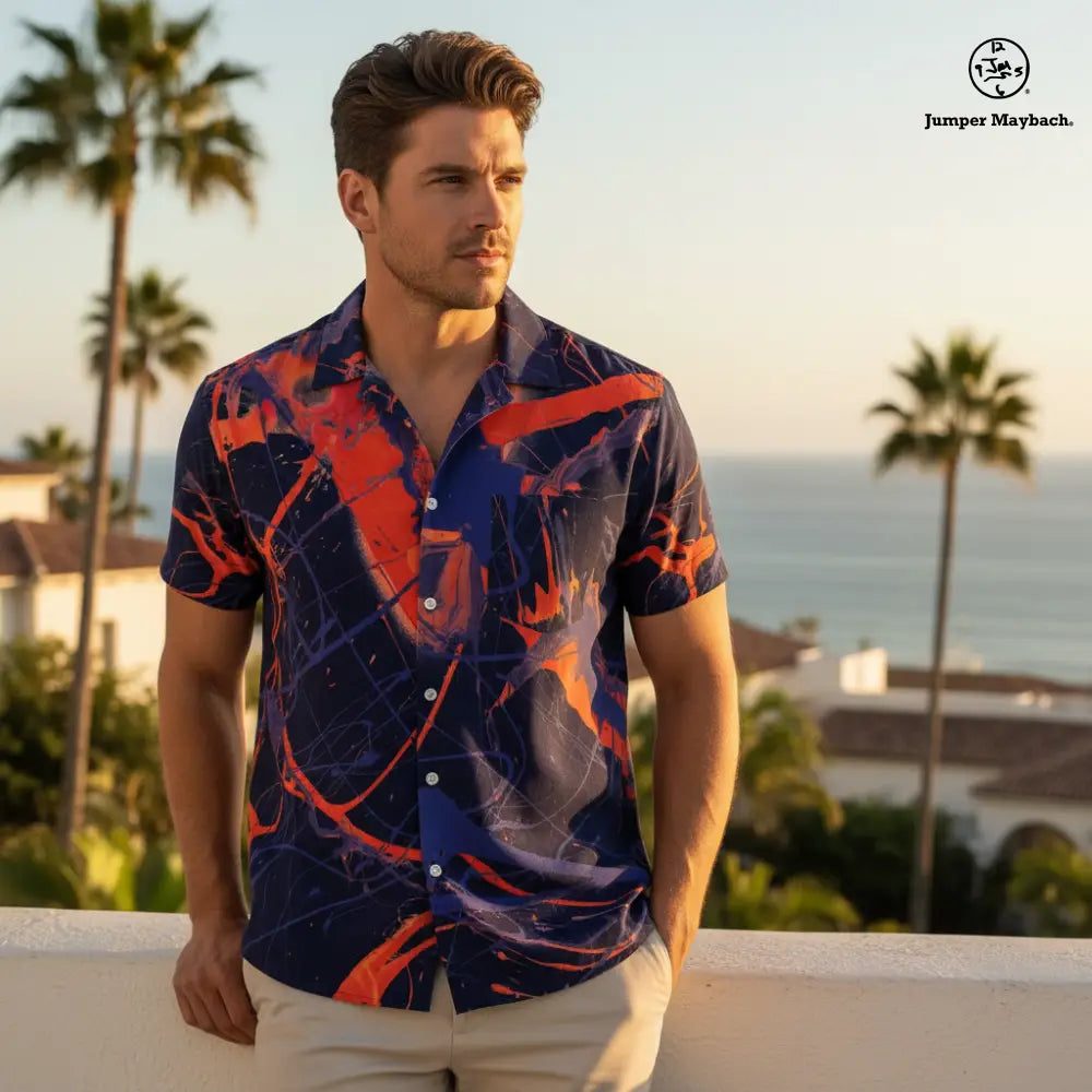 Unisex Galaxy Resort shirt by Jumper Maybach® featuring space-inspired print, casual men's clothing from JetPrint Fulfillment.