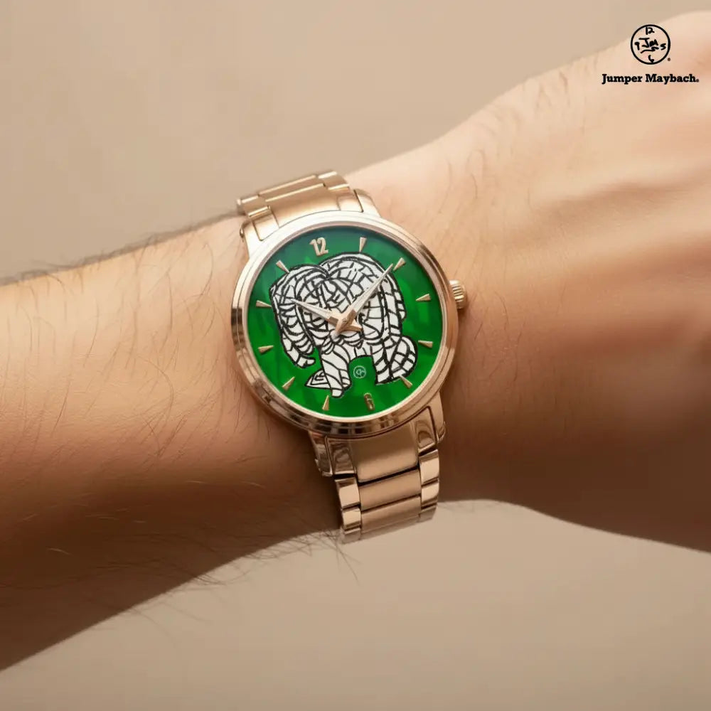 Close-up of the Noble Elephant Steel Strap Automatic Watch by Jumper Maybach® on a wrist, showing the watch face with indicators.