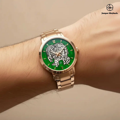 Close-up of the Noble Elephant Steel Strap Automatic Watch by Jumper Maybach® on a wrist, showing the watch face with indicators.