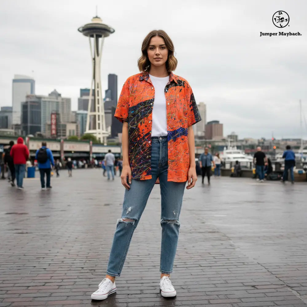 Orange Eclipse Resort unisex shirt by Jumper Maybach, men's casual clothing with a vibrant eclipse design on soft fabric