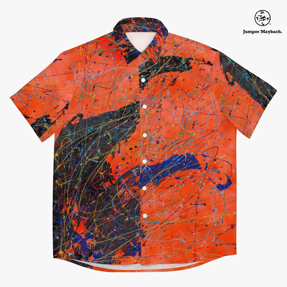 Orange Eclipse Resort unisex shirt by Jumper Maybach, men's casual clothing with vibrant sunset-inspired design.