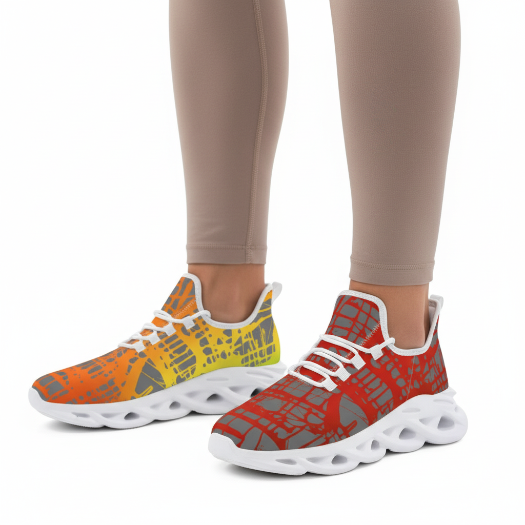 Colorful sneakers with abstract patterns worn by a person in beige leggings on a white background