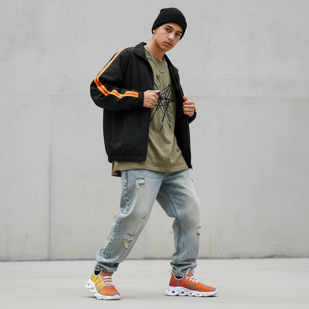 Person wearing a black jacket with orange stripes, green shirt, light blue jeans, and orange sneakers against a gray background.