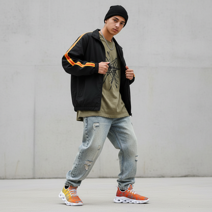 Person wearing a black jacket with orange stripes, green shirt, light blue jeans, and orange sneakers against a gray background.