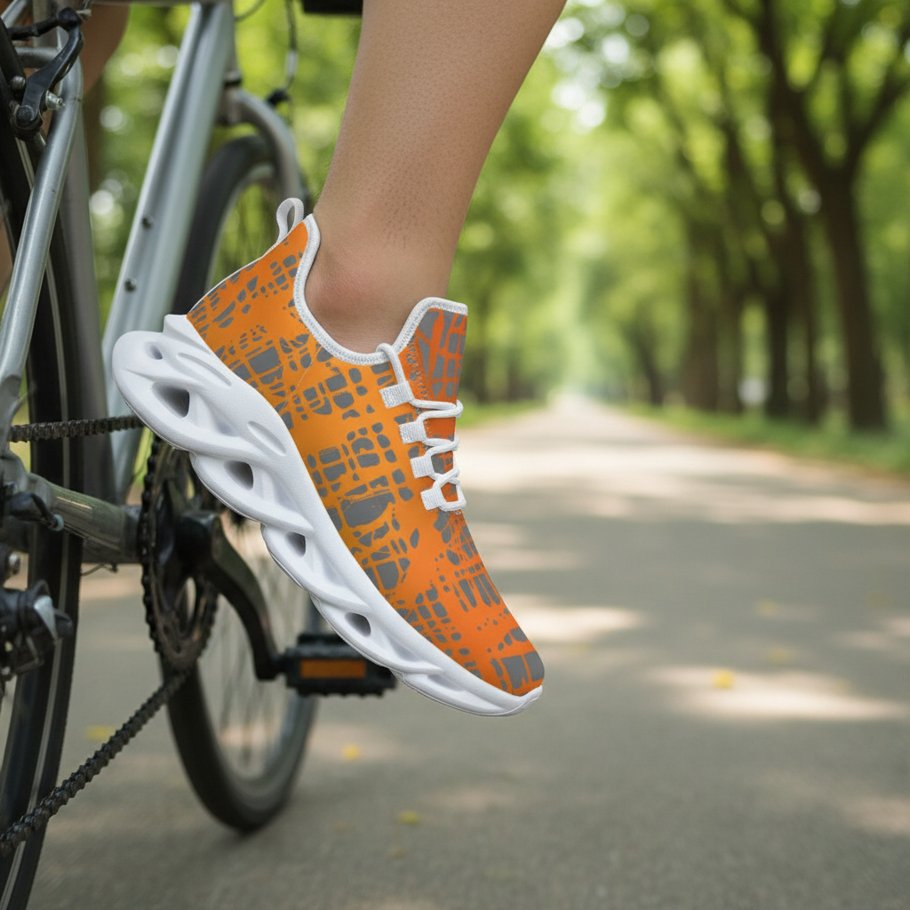 Orange and white athletic shoe on a blurred background of a person riding a bicycle.