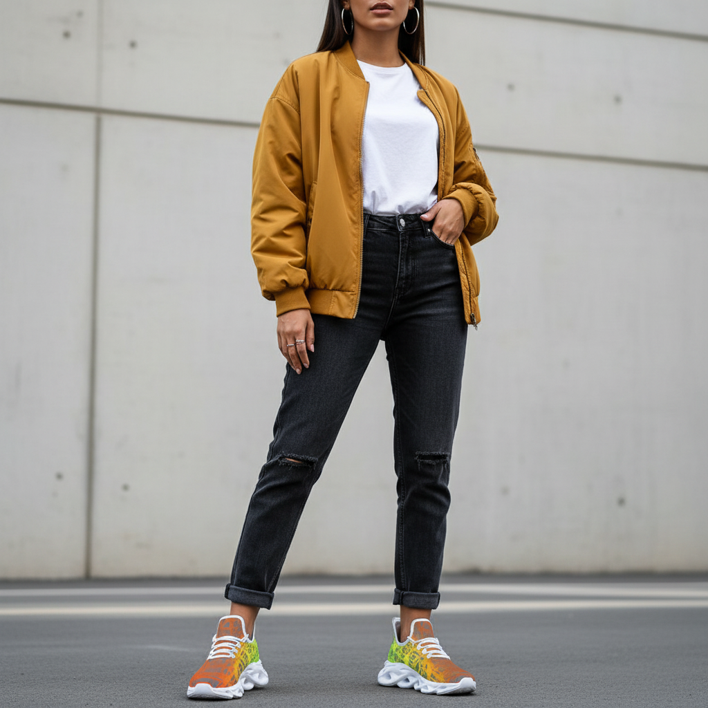 Person wearing a mustard yellow bomber jacket, white shirt, black jeans, and colorful sneakers against a plain background.