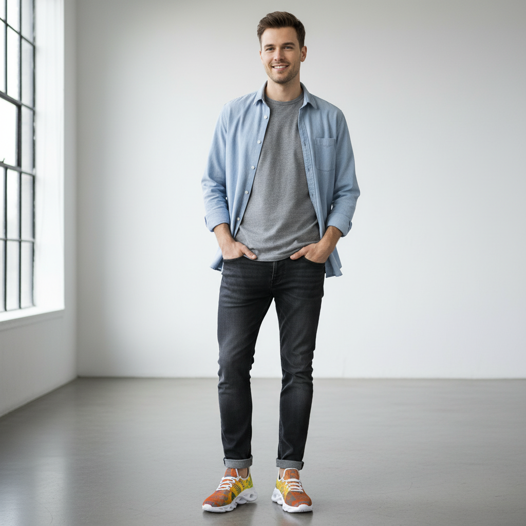 Man wearing a light blue shirt, gray t-shirt, black jeans, and colorful sneakers in a minimalistic room.