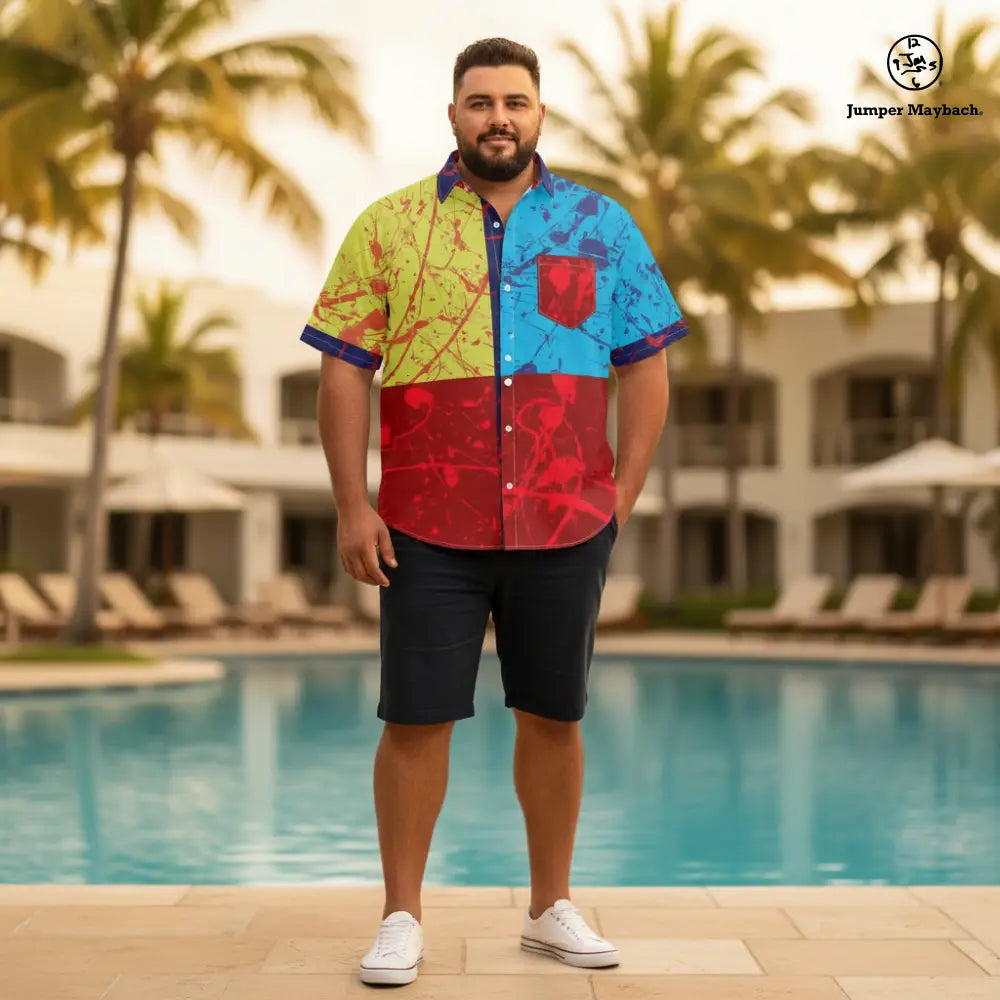 Polyphonic Planet plus size resort unisex shirt by Jumper Maybach® featuring vibrant, colorful patterns on lightweight men's clothing