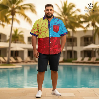 Polyphonic Planet plus size resort unisex shirt by Jumper Maybach® featuring vibrant, colorful patterns on lightweight men's clothing