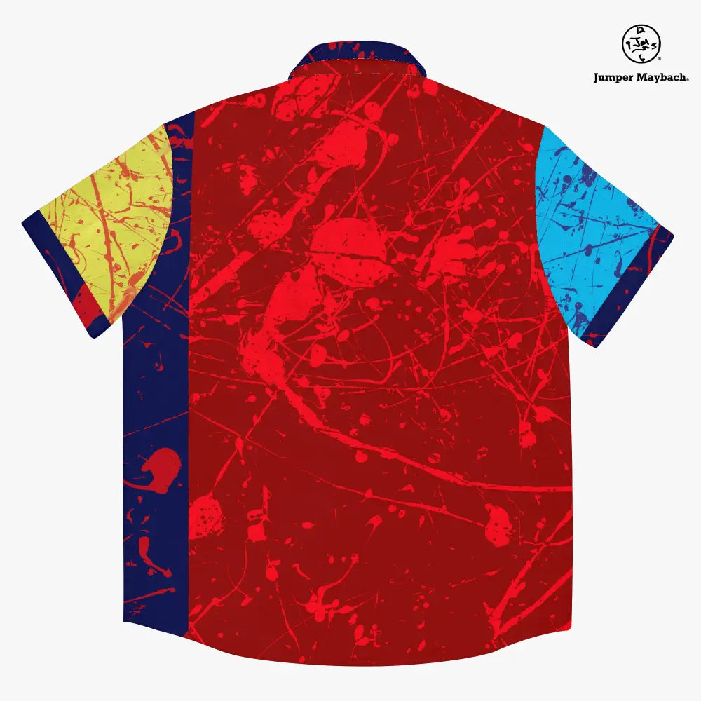 Polyphonic Planet Resort unisex shirt by Jumper Maybach®, showcasing vibrant, colorful geometric patterns on men's casual clothing.