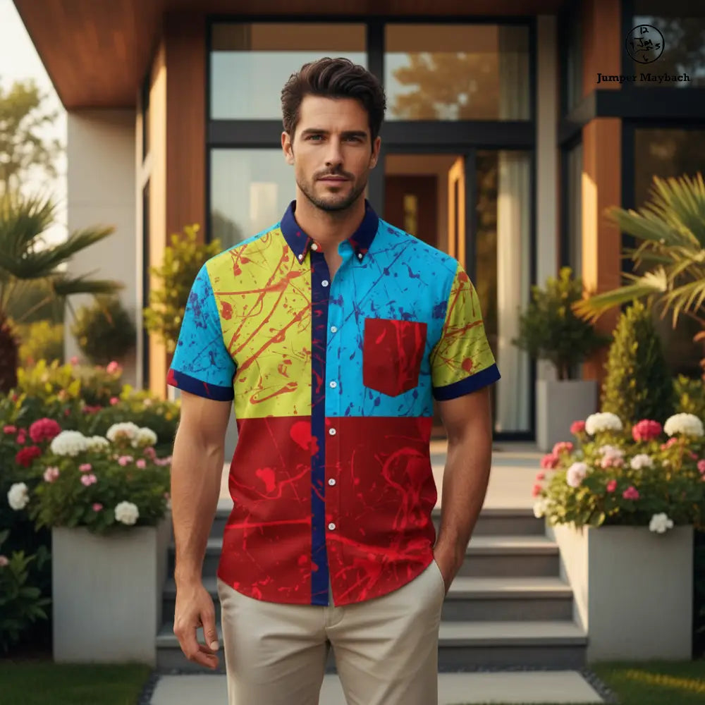 Polyphonic Planet Resort unisex shirt by Jumper Maybach®, men's casual clothing with colorful, artistic print on front.