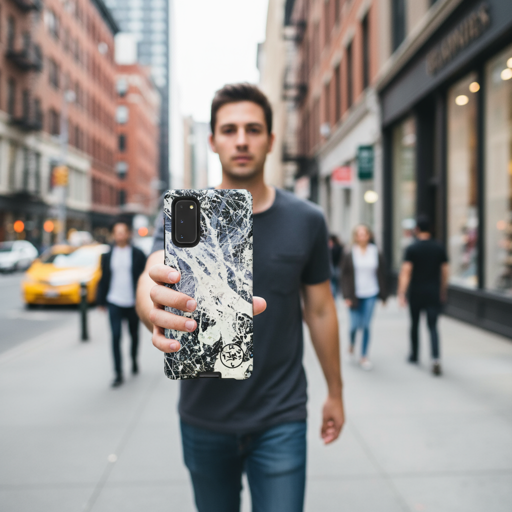 Man holding a phone with a marble case on a city street