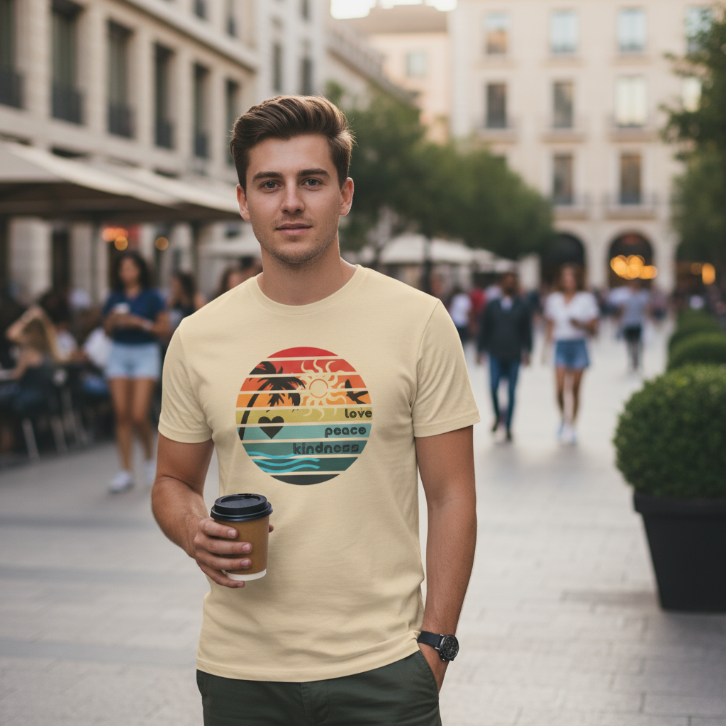 Man wearing a t-shirt with a colorful graphic design on a city street.