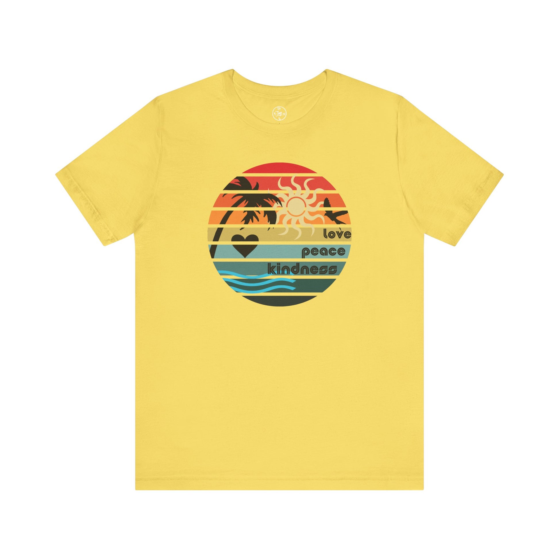 Yellow t-shirt with a colorful graphic design on a white background
