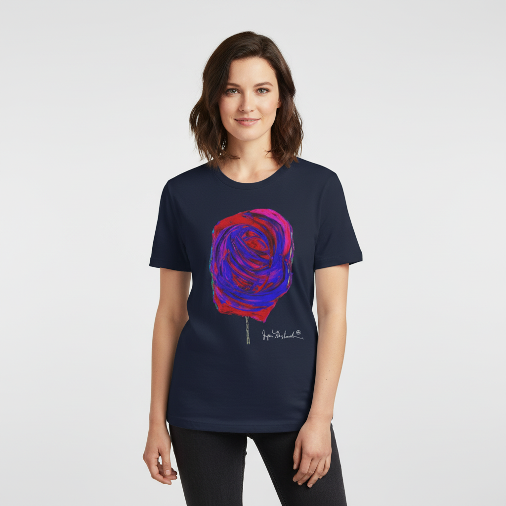 Woman wearing a navy blue t-shirt with a colorful rose design on a white background