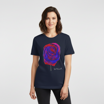 Woman wearing a navy blue t-shirt with a colorful rose design on a white background