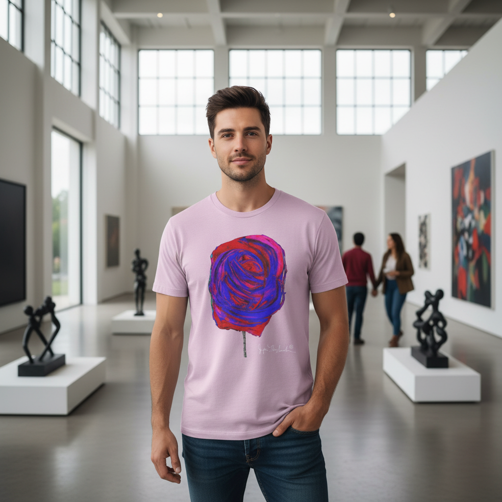 Man wearing a pink t-shirt with a colorful abstract design in an art gallery.