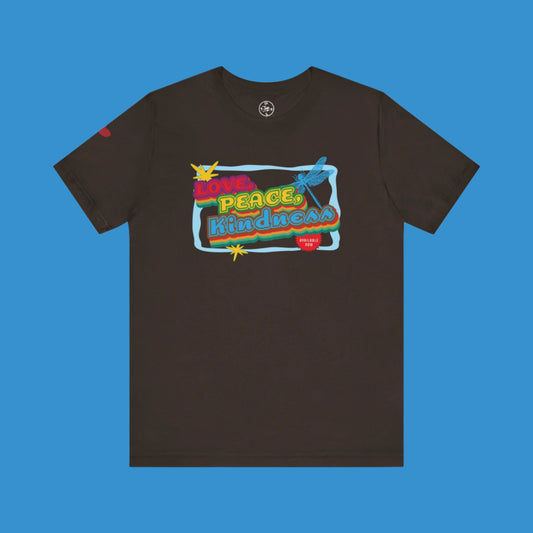 Black t-shirt with colorful 'Love Peace Kindness' graphic on a white background