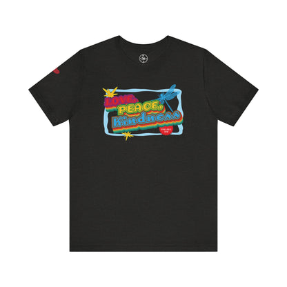 Black t-shirt with colorful 'Love Peace Kindness' graphic on a white background
