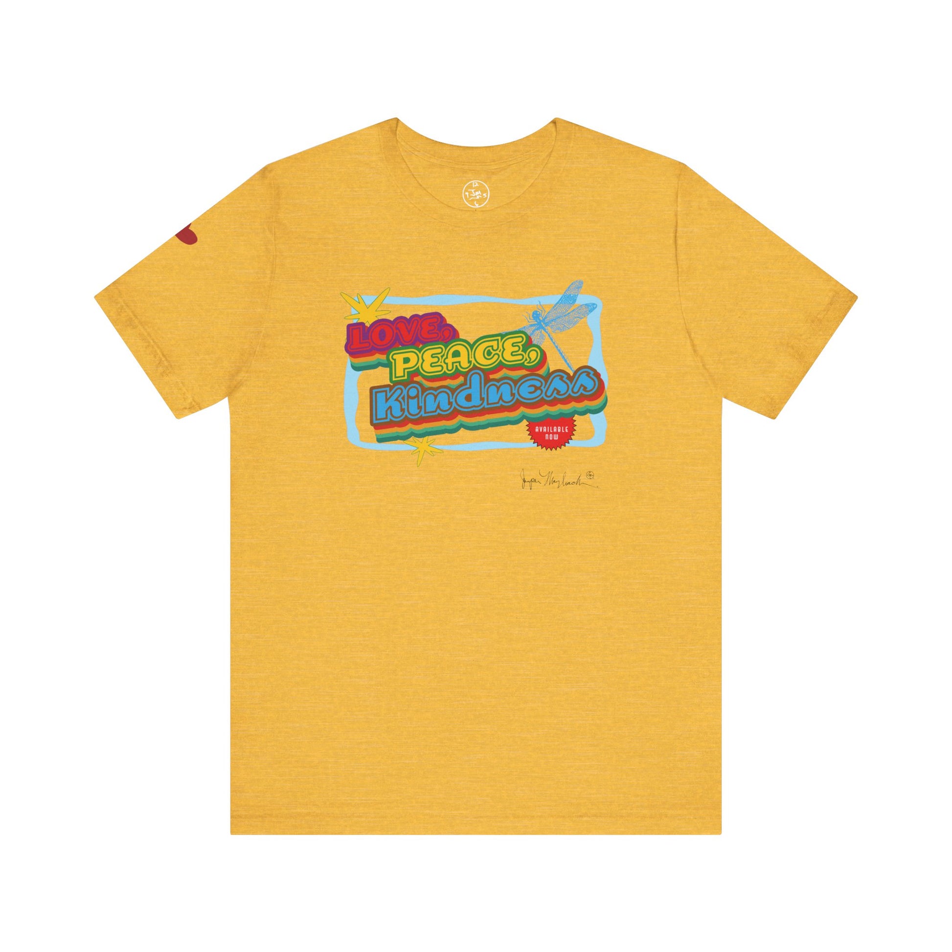 Yellow t-shirt with colorful graphic design on a white background