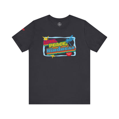 Black t-shirt with colorful graphic design on a white background
