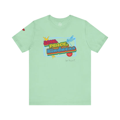 Light green t-shirt with colorful graphic design on a white background