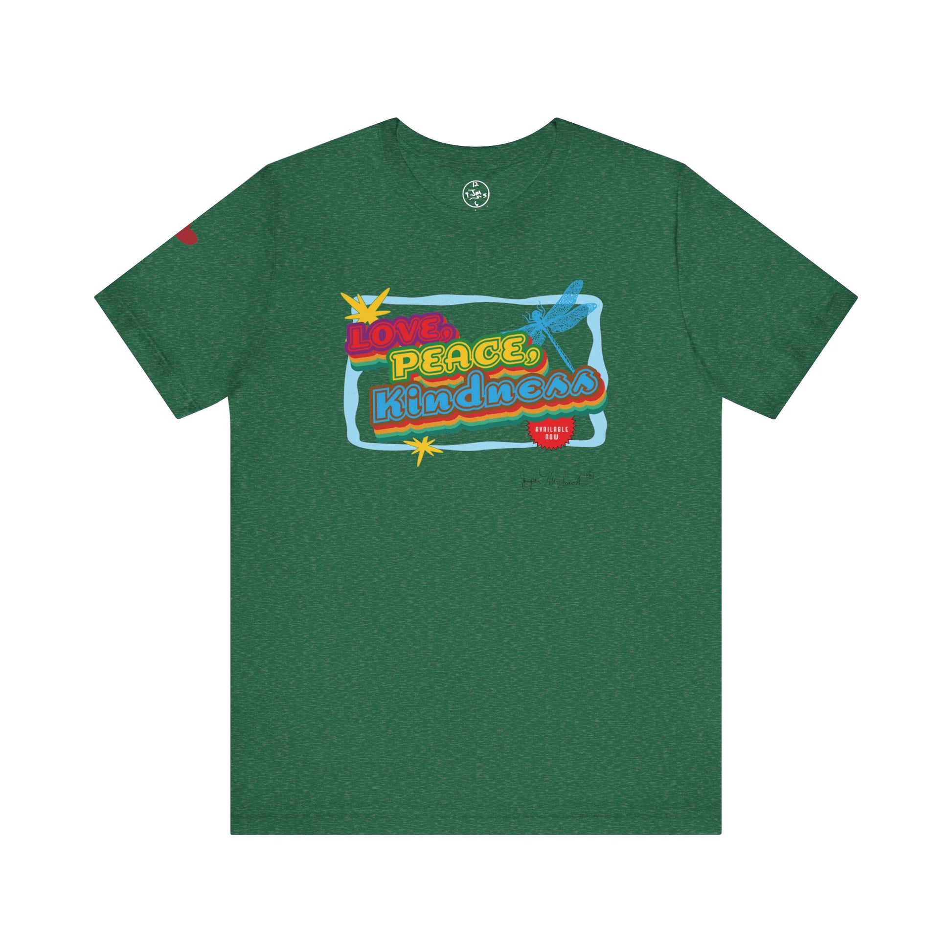 Green t-shirt with colorful graphic design on a white background