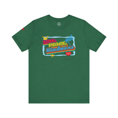 Green t-shirt with colorful graphic design on a white background