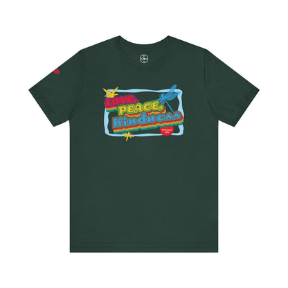 Green t-shirt with colorful graphic design on a white background