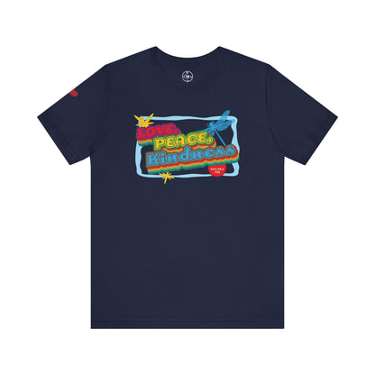Navy blue t-shirt with colorful 'Love, Peace, Kindness' graphic on a white background