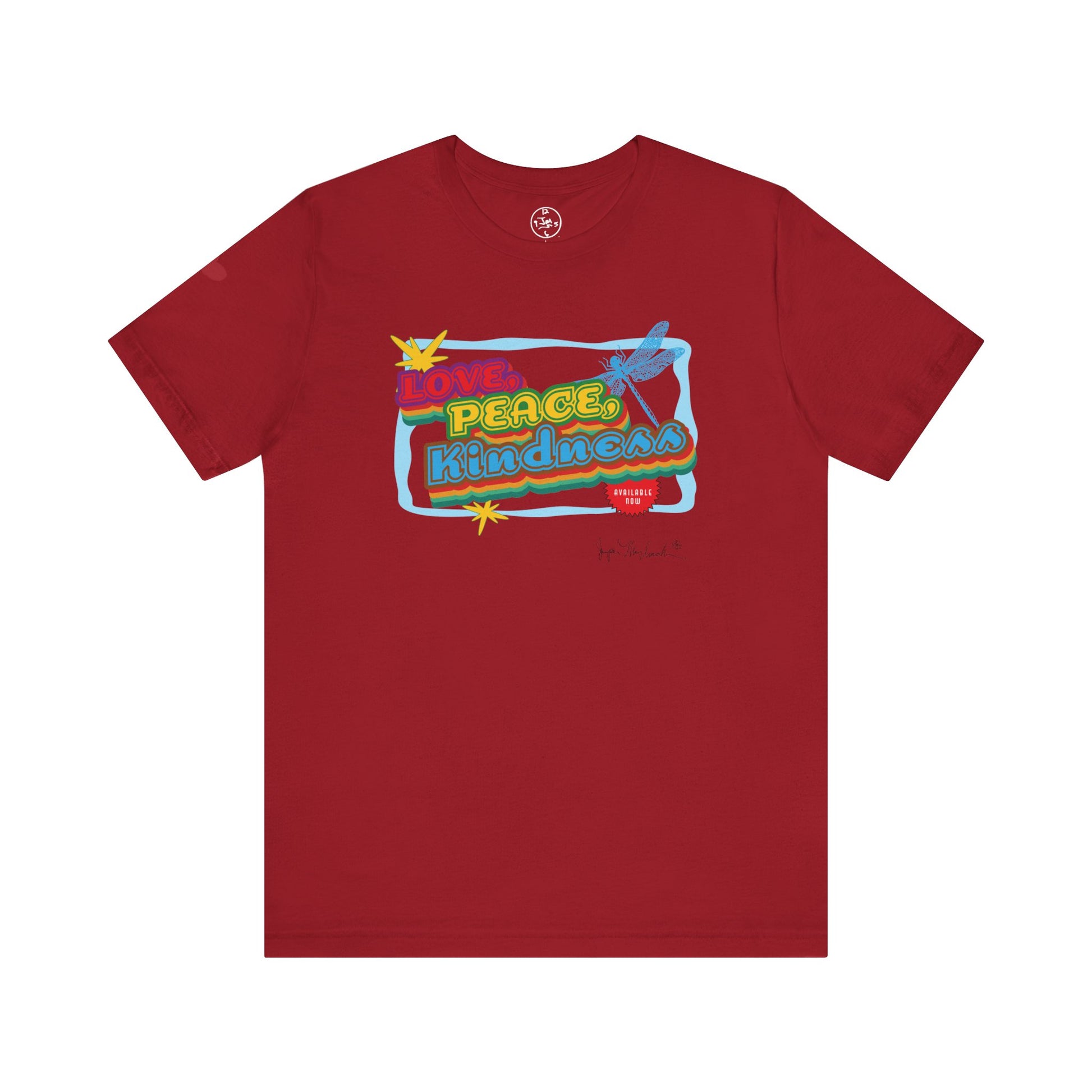 Red t-shirt with colorful graphic design on a white background