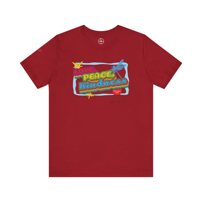 Red t-shirt with colorful graphic design on a white background