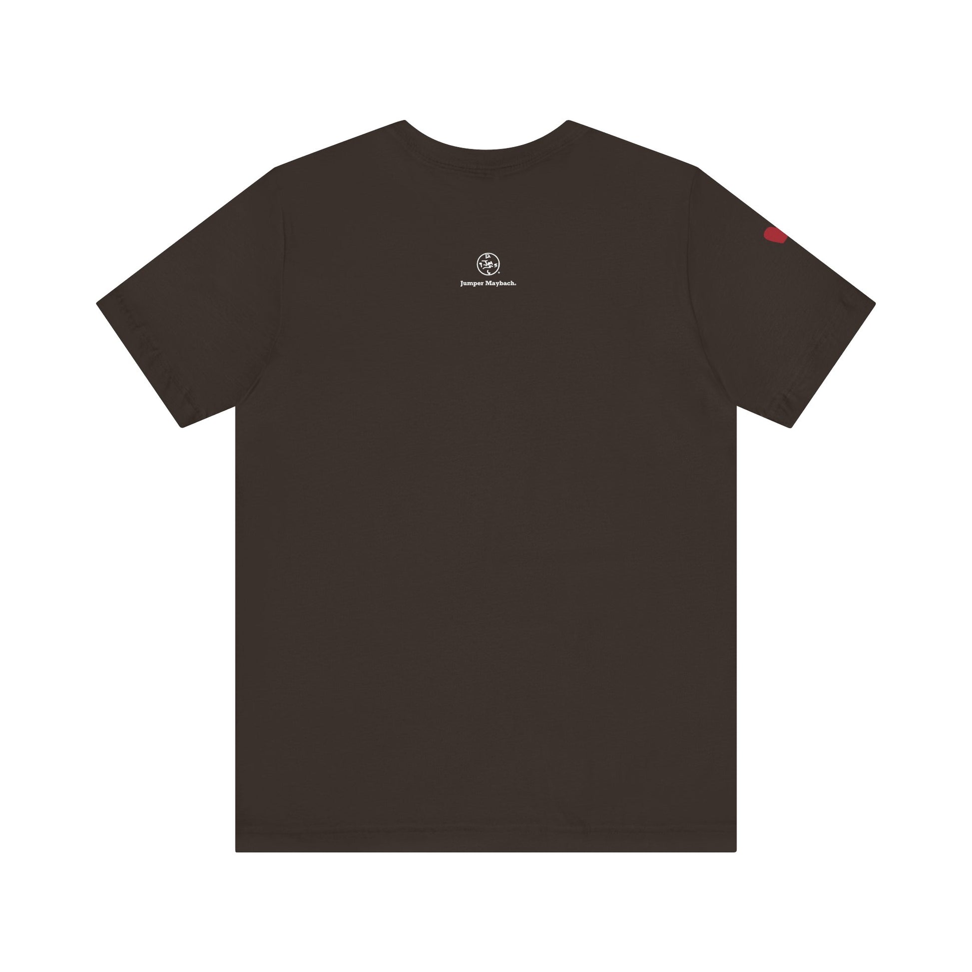 Brown t-shirt with a logo on the back against a white background