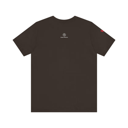 Brown t-shirt with a logo on the back against a white background