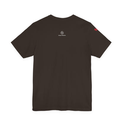Black t-shirt with a logo on the back against a white background