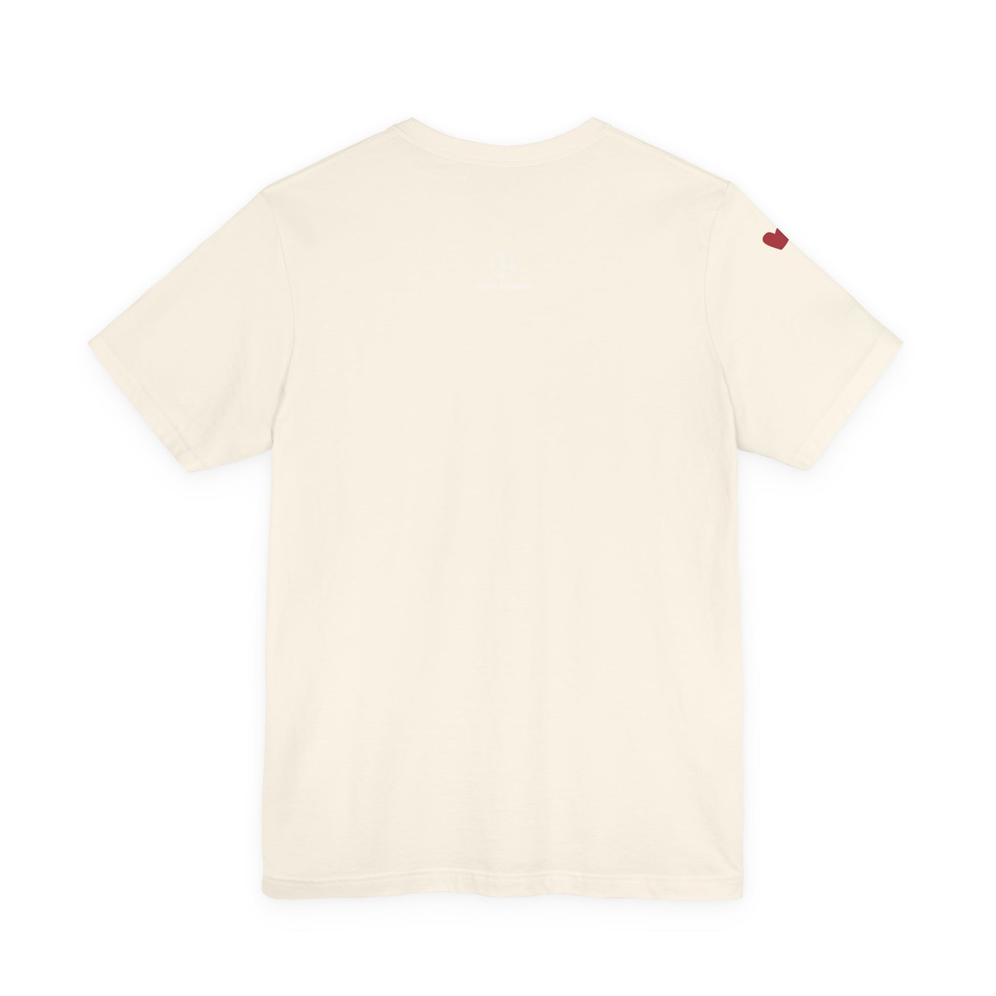 Beige t-shirt with a small red heart on the back against a white background